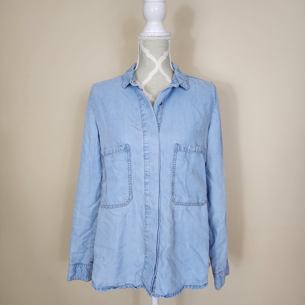 ZARA Flowy Chambray Shirt Top Small Basic Button Up